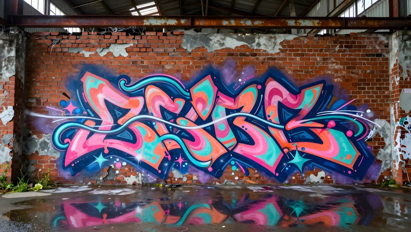 Colorful graffiti on a brick wall in an urban area Premium Stock Image - stock photo