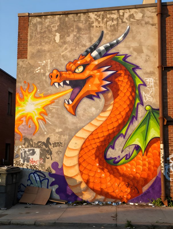 Bright dragon mural on a city wall in the afternoon sun Premium Stock Image - stock photo
