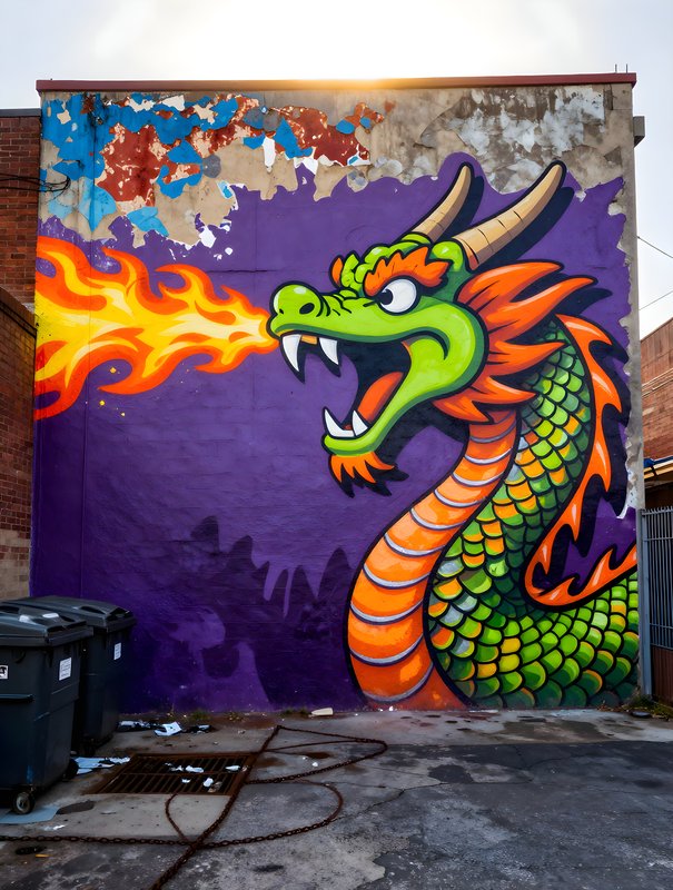 Colorful dragon mural on wall with fire in urban area Premium Stock Image - stock photo