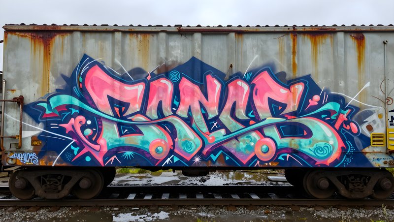 Bright graffiti on a train car at a railway location Premium Stock Image - stock photo