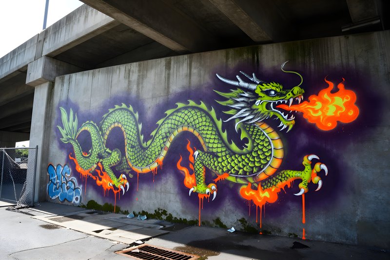Colorful dragon mural under highway near city street Premium Stock Image - stock photo