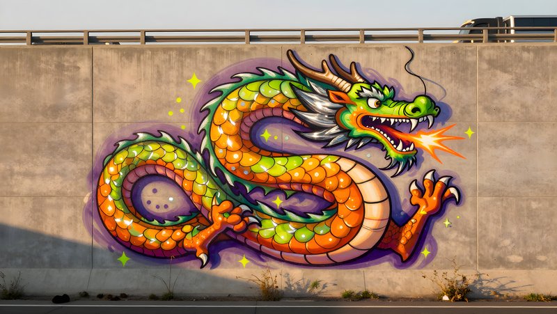 Bright graffiti of a dragon on a concrete wall at sunset Premium Stock Photo - stock photo