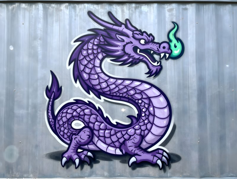 Street art of a dragon with green flame on a metal wall Premium Stock Image - stock photo