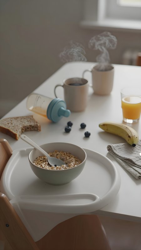Breakfast time with oatmeal, fruit, and drinks on a table Premium Stock Image - stock photo