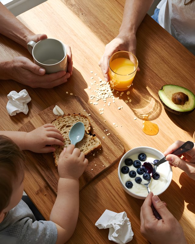 Breakfast time with family at home on a wooden table Premium Stock Photo - stock photo
