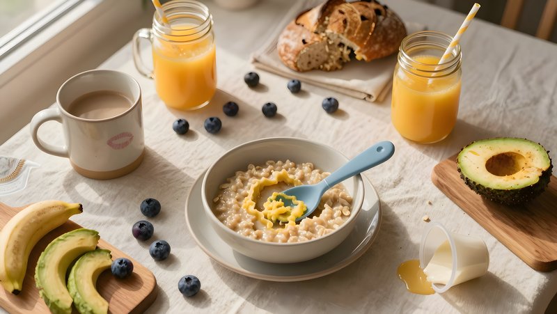 Breakfast scene with food, drinks, and fruits on a table Premium Stock Photo - stock photo