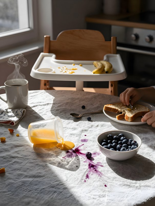 Messy breakfast time with spilled juice and food on table Premium Stock Image - stock photo
