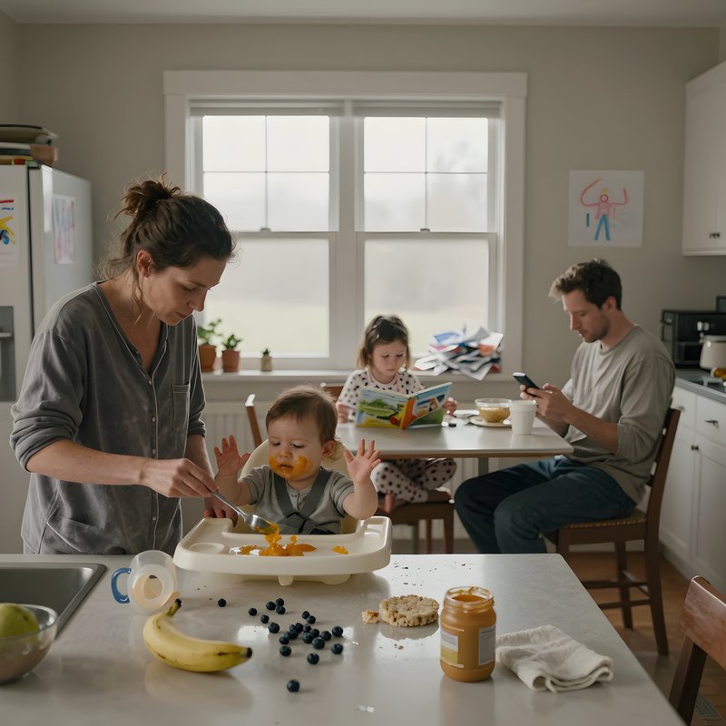Family interacts during breakfast in a cozy kitchen setting Premium Stock Image - stock photo