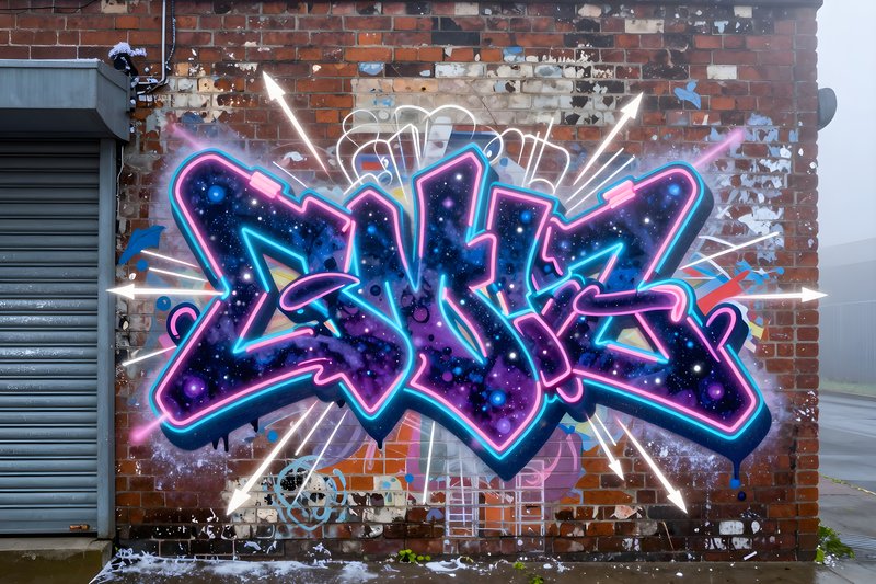 Colorful graffiti on a brick wall in a city at dawn Premium Stock Image - stock photo