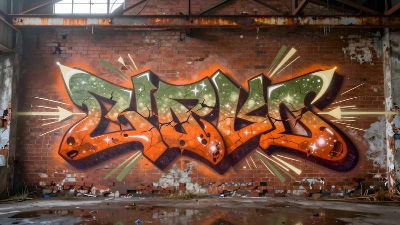 Colorful graffiti on a brick wall in an old warehouse Premium Stock Image - stock photo