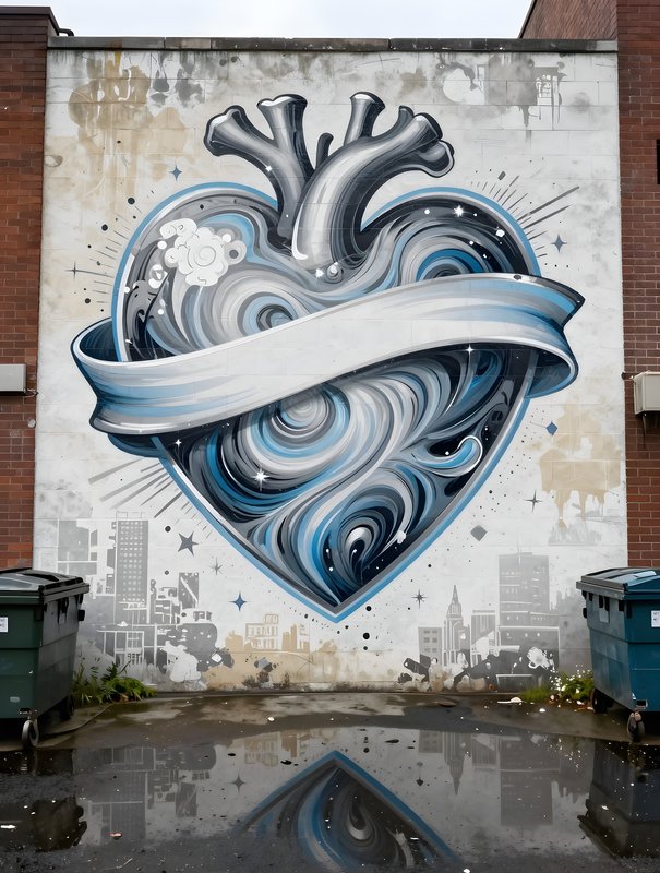 Large mural of a heart on a building wall in a city Premium Stock Image - stock photo