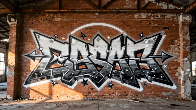 Graffiti art displayed on brick wall inside factory setting Premium Stock Image - stock photo