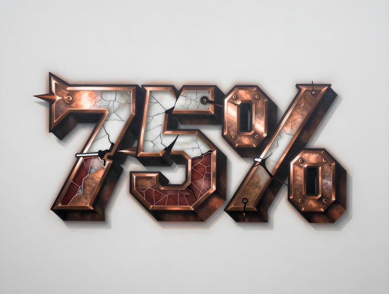 Large metallic 75 percent sign on a plain wall Premium Stock Photo - stock photo