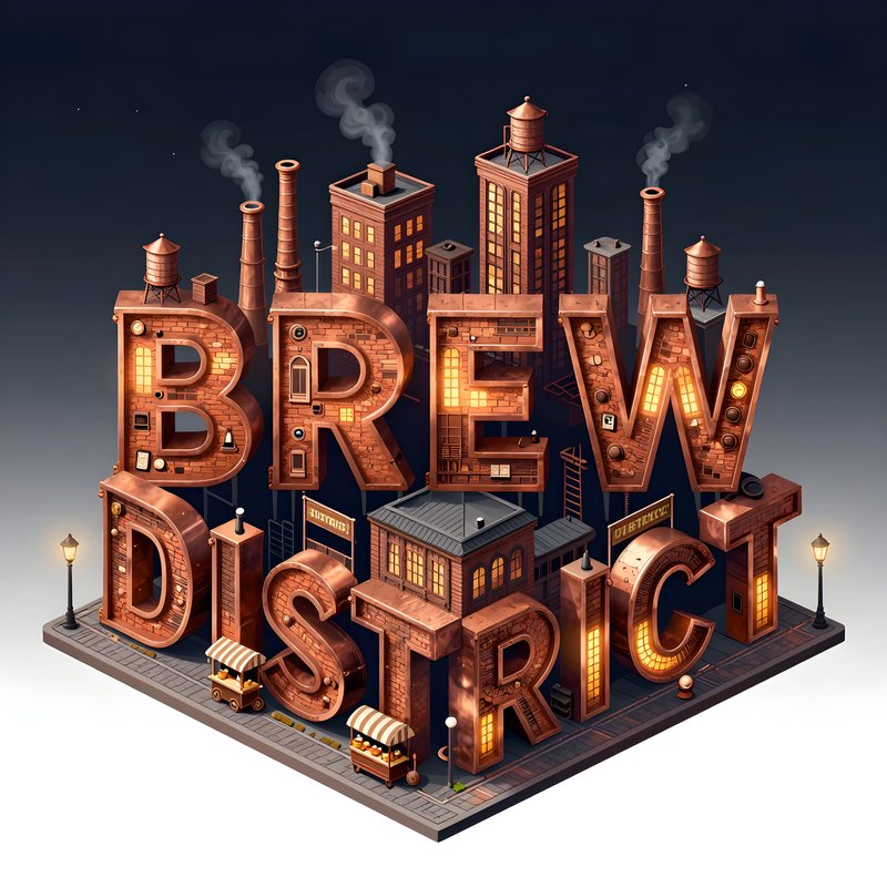 Brew District sign with buildings and smoke stacks at night Premium Stock Image - stock photo
