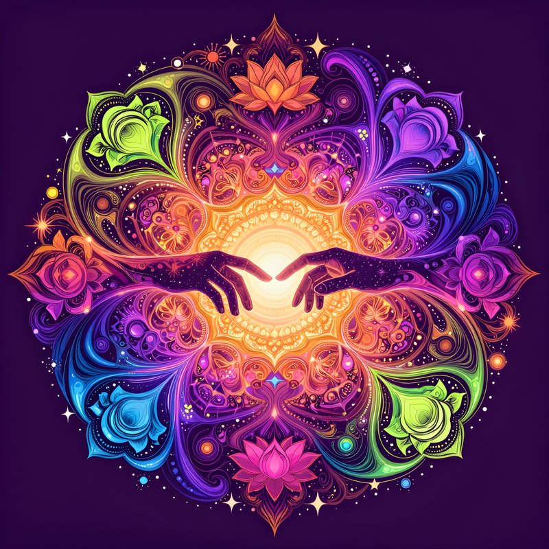 Creative hands reach for a bright center in colorful design Premium Stock Photo - stock photo