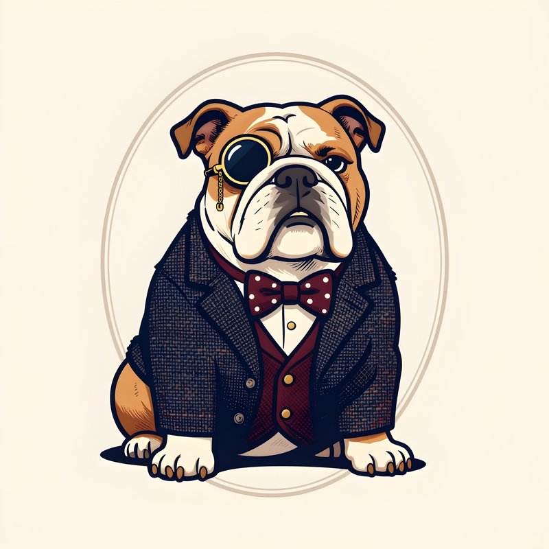Bulldog dressed in a suit with monocle and bow tie Premium Stock Image - stock photo