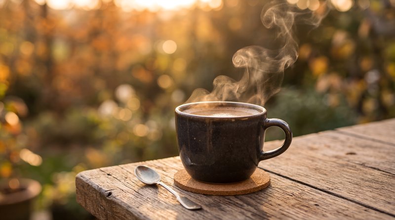 Coffee cup sits on wooden table in warm sunlight during morning Premium Stock Image - stock photo