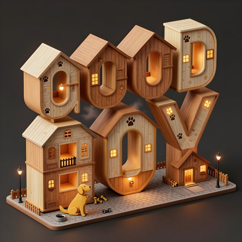 Wooden letters form house shapes with a dog beside them Premium Stock Photo - stock photo