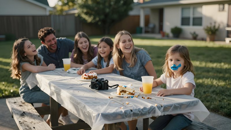 Friends gather to celebrate with cake in the backyard Premium Stock Photo - stock photo