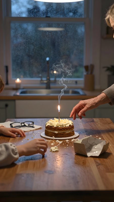 Family celebration with cake and candle in kitchen scene Premium Stock Photo - stock photo
