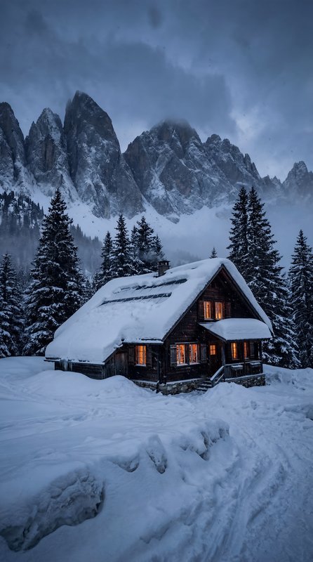 Cozy cabin in snowy landscape during winter evening hours Premium Stock Photo - stock photo