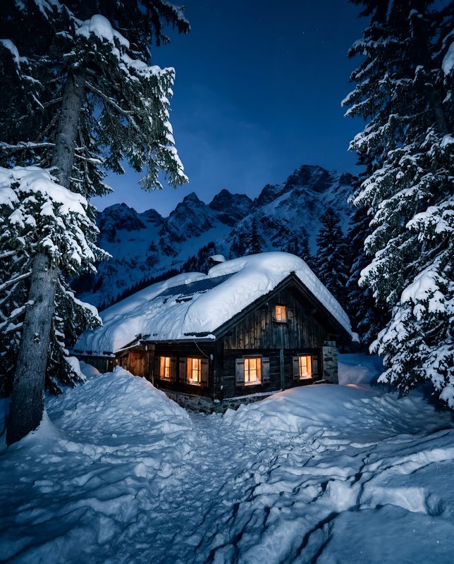 Winter cabin in snow-covered forest at night Premium Stock Image - stock photo