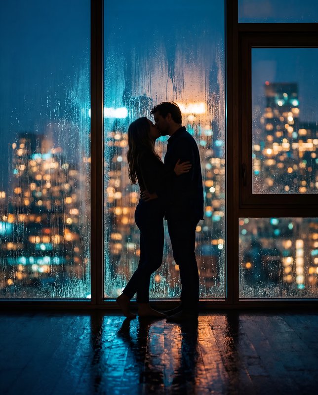 Couple shares a moment by the window during a rainy night Premium Stock Photo - stock photo