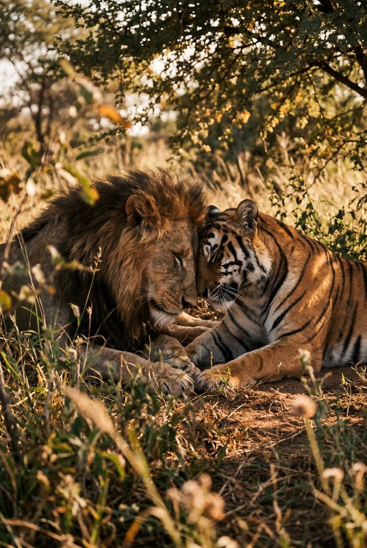 Lions and tigers rest together under a tree in nature Premium Stock Photo - stock photo