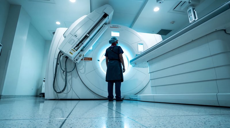 Medical worker prepares for patient scan in hospital room Premium Stock Image - stock photo