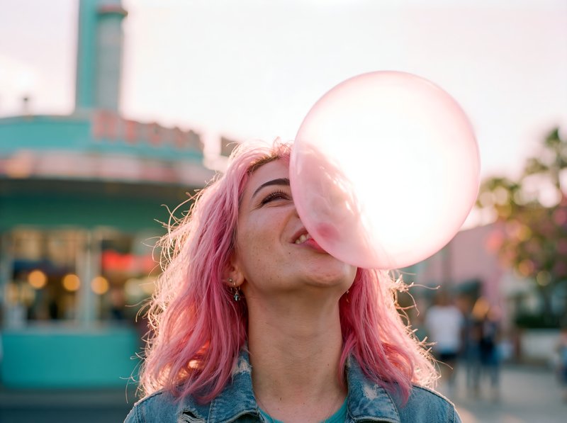 Young woman blows a big bubble with pink gum outside Premium Stock Image - stock photo
