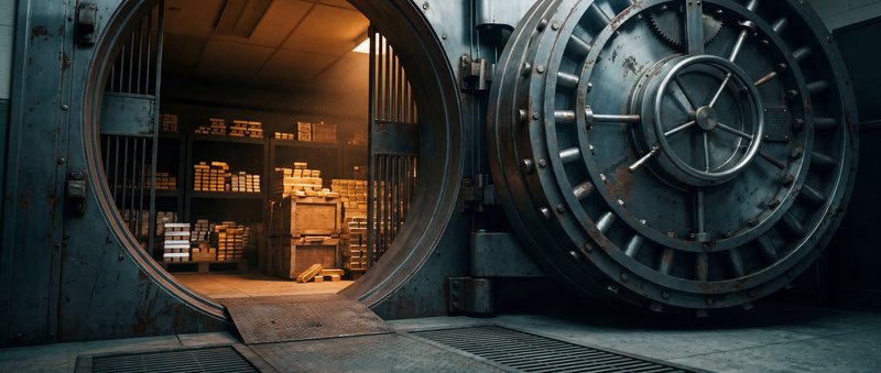 Inner view of a bank vault showing shelves and safe door Premium Stock Photo - stock photo