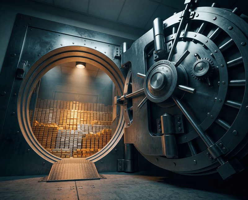 Secure vault with stacks of gold bars inside Premium Stock Image - stock photo