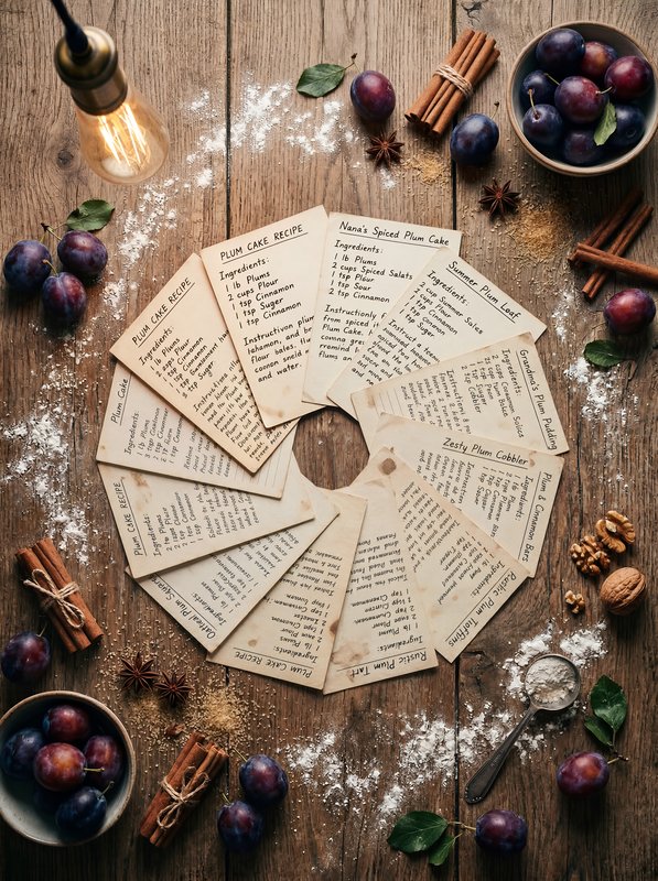 Recipe cards arranged on a wooden table with plums Premium Stock Photo - stock photo