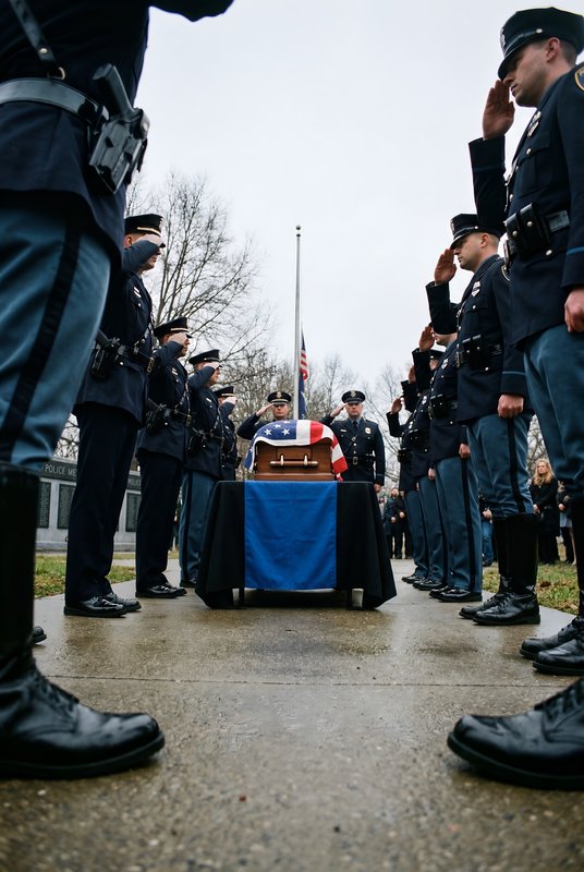 Police officers pay respect at funeral service in cold weather Premium Stock Photo - stock photo