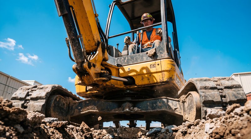 Worker operates excavator on construction site under blue sky Premium Stock Image - stock photo