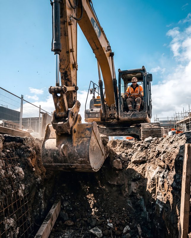 Heavy machinery digs a trench at a construction site Premium Stock Photo - stock photo
