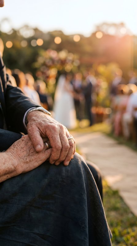 Hands of an elder at a sunset wedding ceremony in spring Premium Stock Image - stock photo
