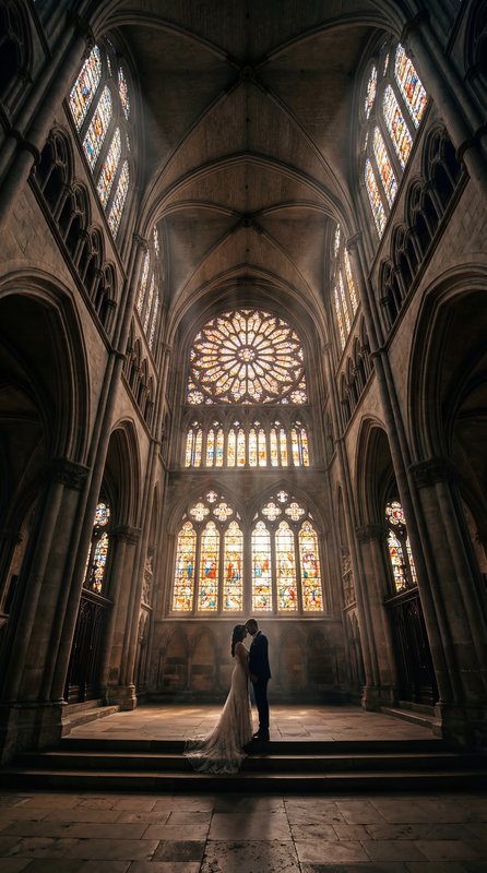 A couple stands close together inside a large cathedral Premium Stock Image - stock photo
