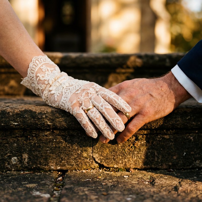 Couple holding hands on steps during wedding ceremony Premium Stock Image - stock photo