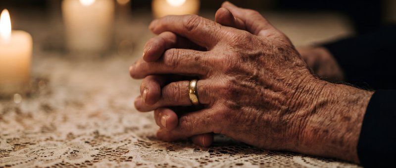 Hands resting on a table near candles in a dim room Premium Stock Photo - stock photo