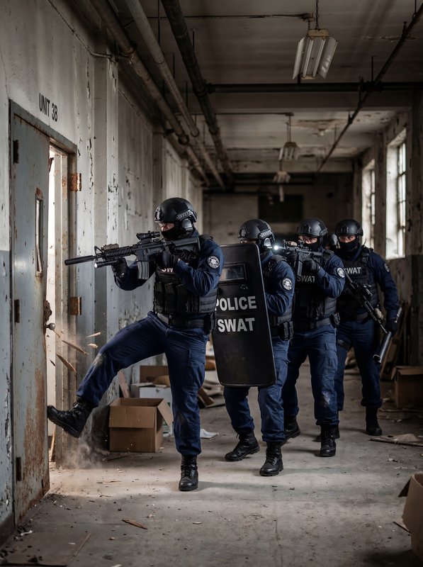 Police SWAT team executes entry in abandoned building Premium Stock Image - stock photo