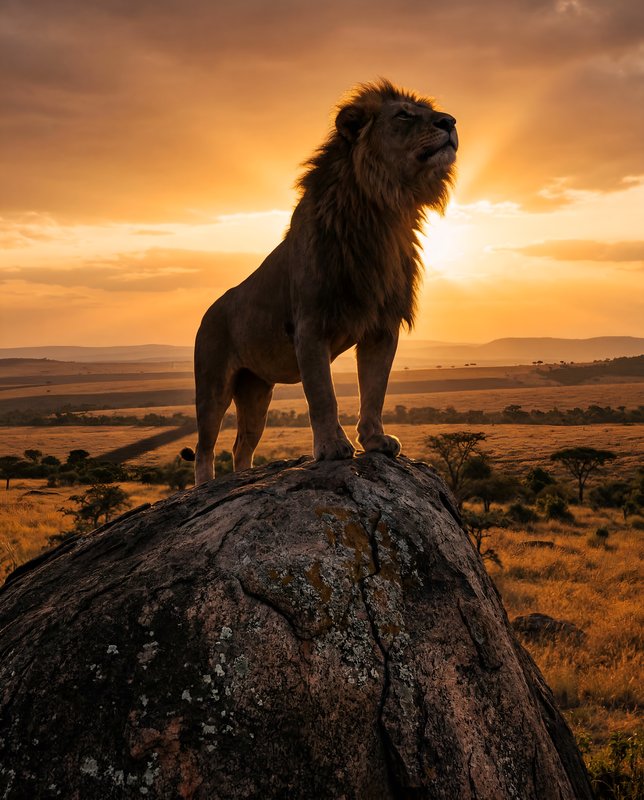 Lion stands on rock against sunset in savannah Premium Stock Image - stock photo
