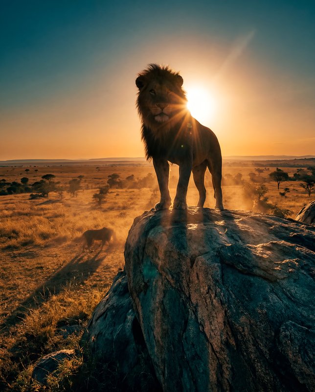 Lion stands on rock at sunset in the savanna Premium Stock Photo - stock photo