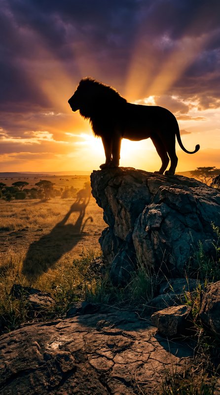 Lion stands on rock with sunset in the background Premium Stock Image - stock photo