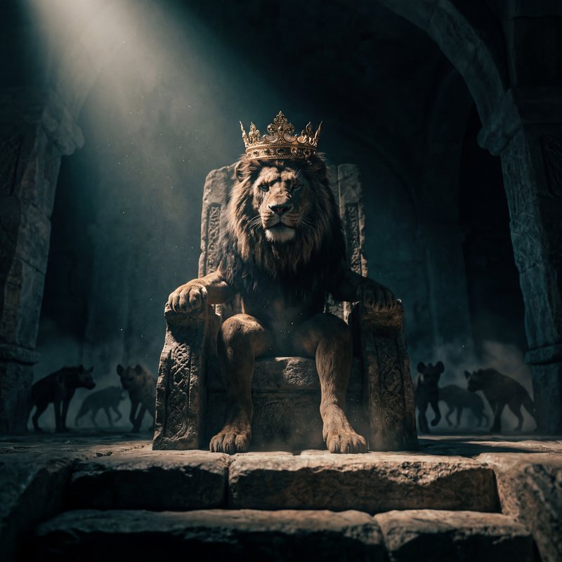 Lion sits on throne with crown in dark stone chamber Premium Stock Photo - stock photo