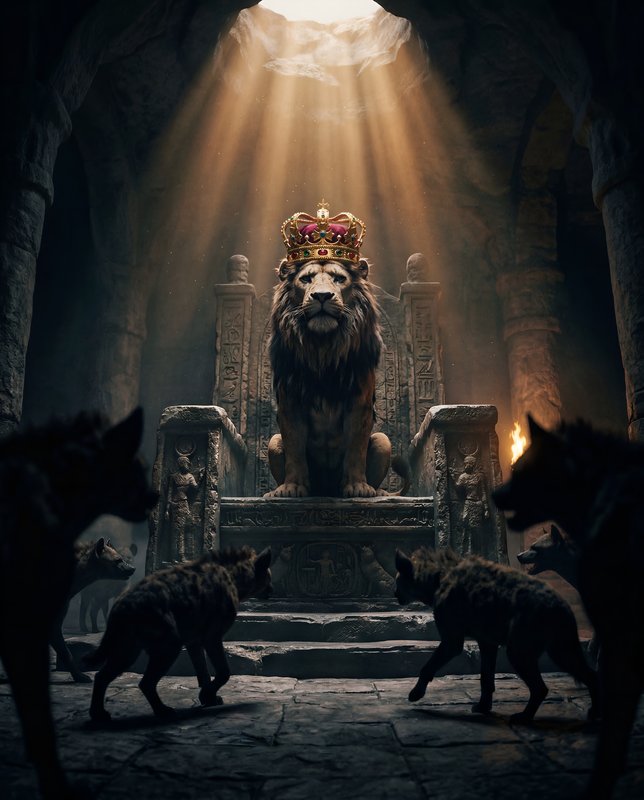 Lion on throne with crown surrounded by wolves in cave Premium Stock Photo - stock photo