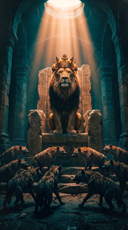 Lion sits on throne while hyenas gather in ancient temple Premium Stock Photo - stock photo