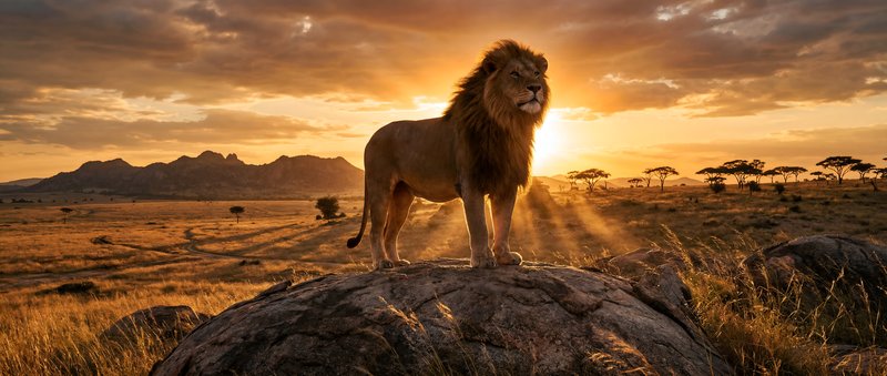 Lion stands on rock at sunset in African landscape Premium Stock Image - stock photo