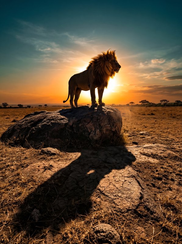 Lion stands on rock during sunset in the savannah Premium Stock Photo - stock photo