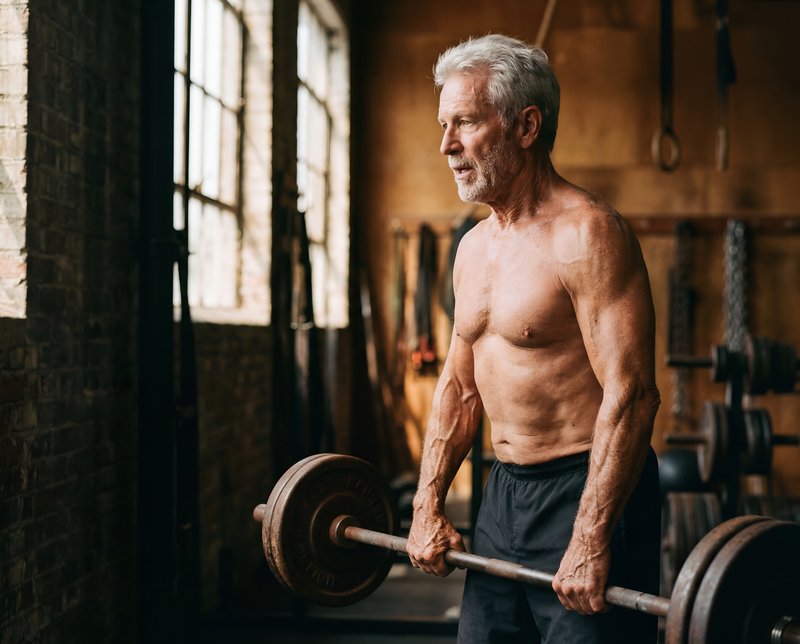 Senior man exercises indoors with weights Premium Stock Photo - stock photo